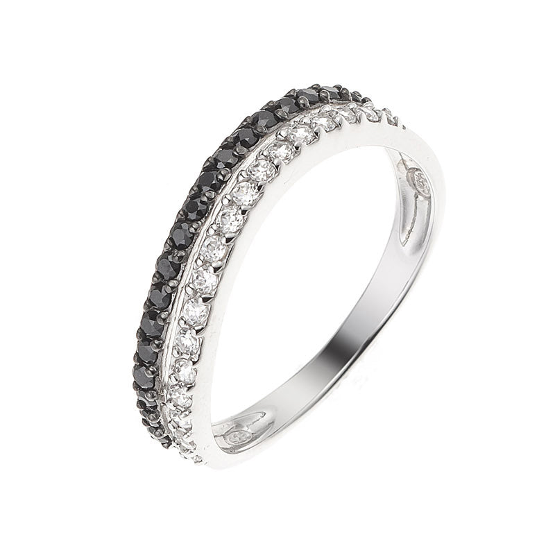 Bague demi-alliance argent 925 rhodié double serti zirconium blanc et noir, vue de face – Kenvia