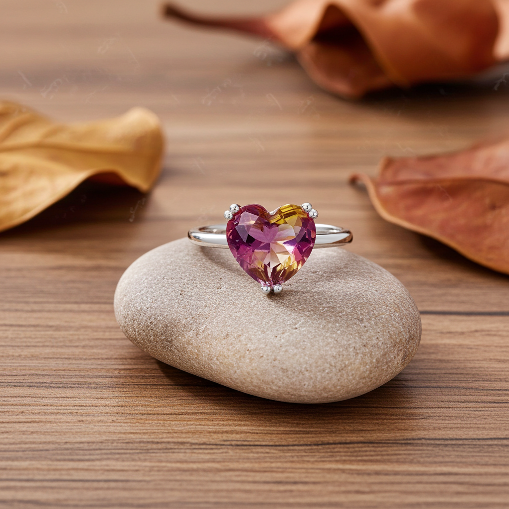 Bague cœur bicolore ajustable argent 925 et cristal violet jaune – visuel produit Kenvia
