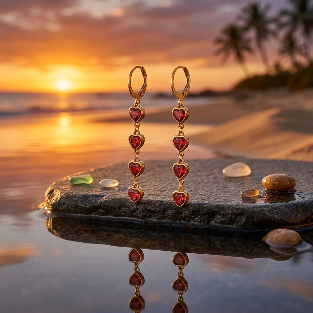 Boucles d’oreilles à cœurs rouges mises en scène devant un coucher de soleil - KENVIA