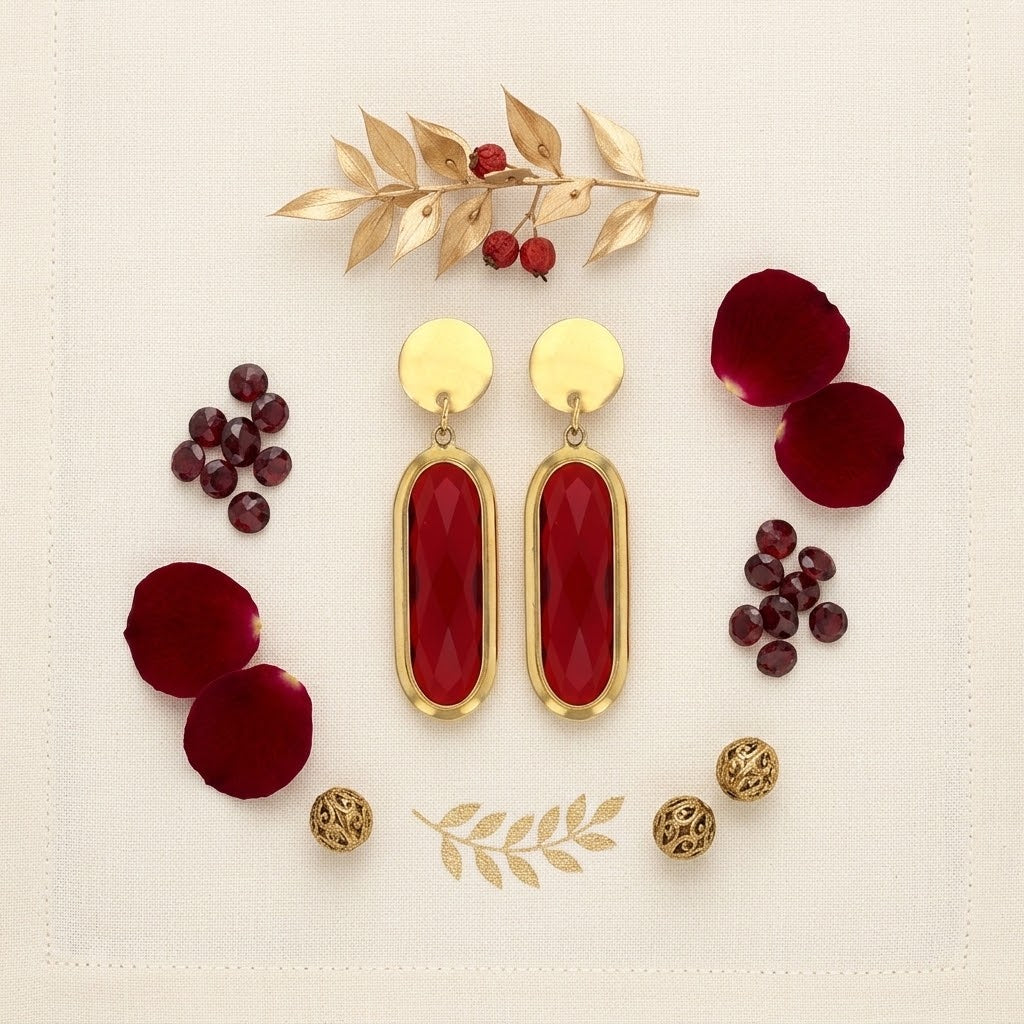 Paire de boucles d’oreilles ovales rouges présentée avec des éléments décoratifs - KENVIA