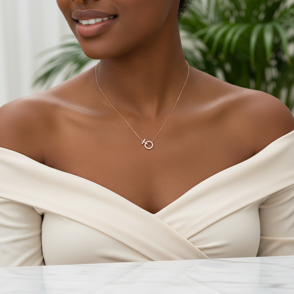 Collier cercle zirconium plaqué or rose porté sur décolleté – tenue sombre