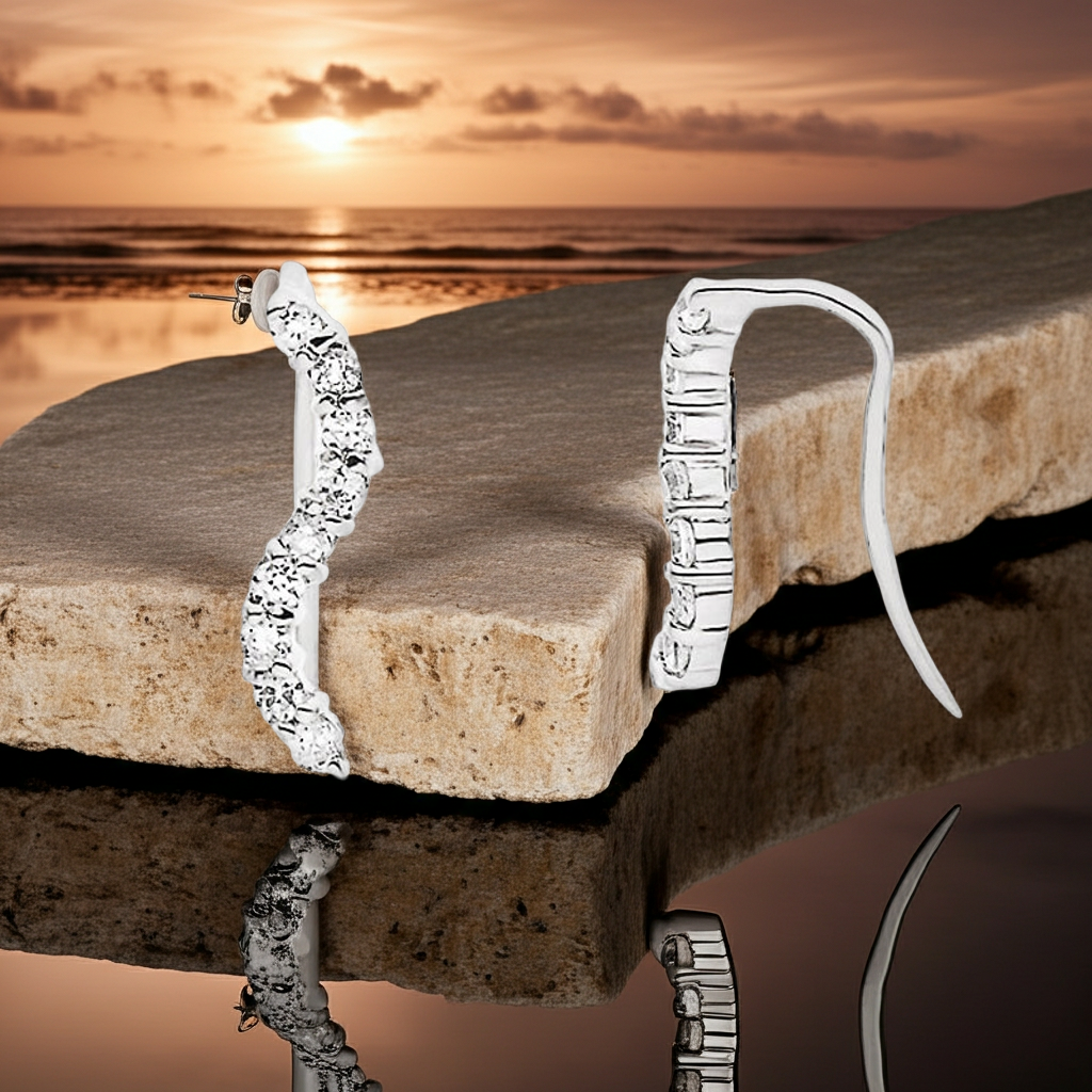 Détail boucles d'oreilles motif S argent rhodié et cristaux zirconium