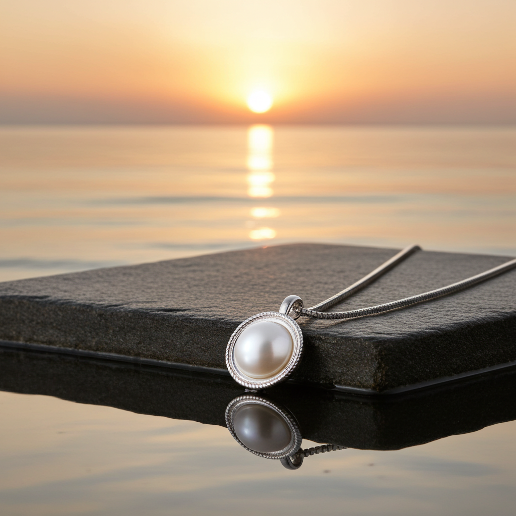 Collier solitaire perle de culture d'eau douce blanc naturel 9-10mm sur fond coucher de soleil – PERLINEA - kenvia