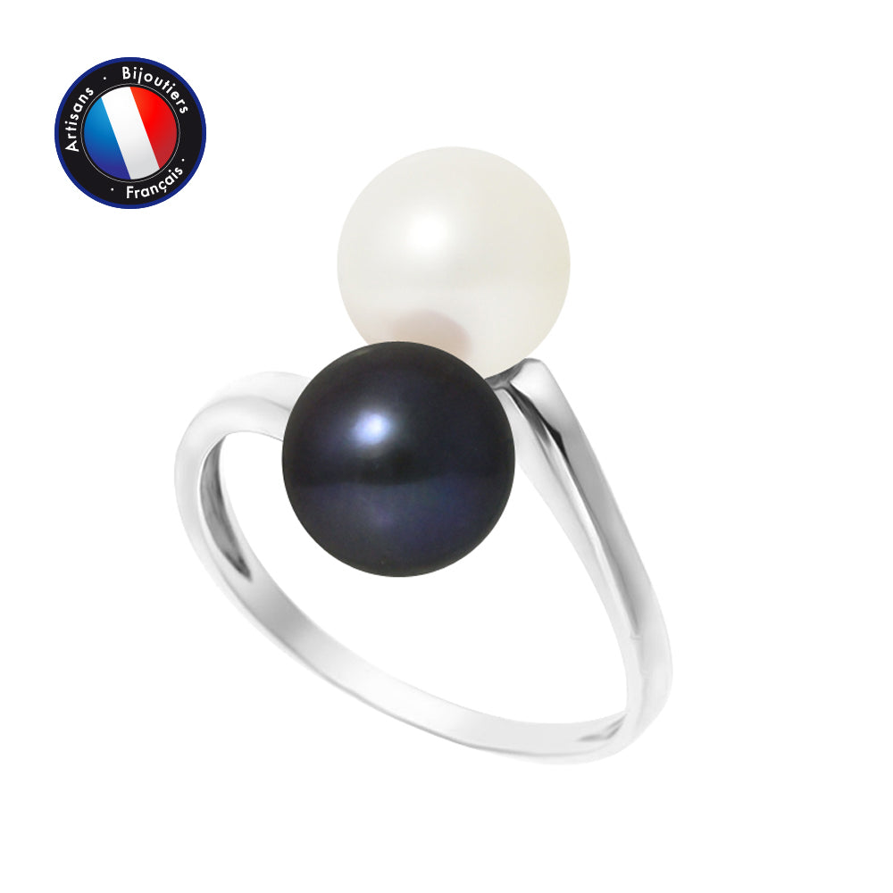 Bague perles bicolore blanc et Black Tahiti 7-8mm or blanc 9K – vue principale | Perlinea Kenvia