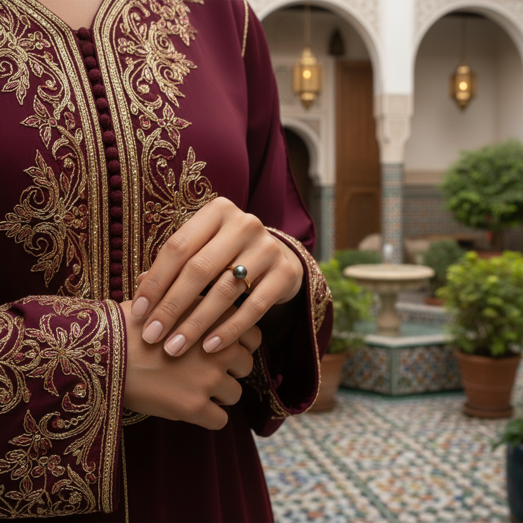 Bague perle noire Tahiti 8-9mm or jaune – portée au doigt | Kenvia
