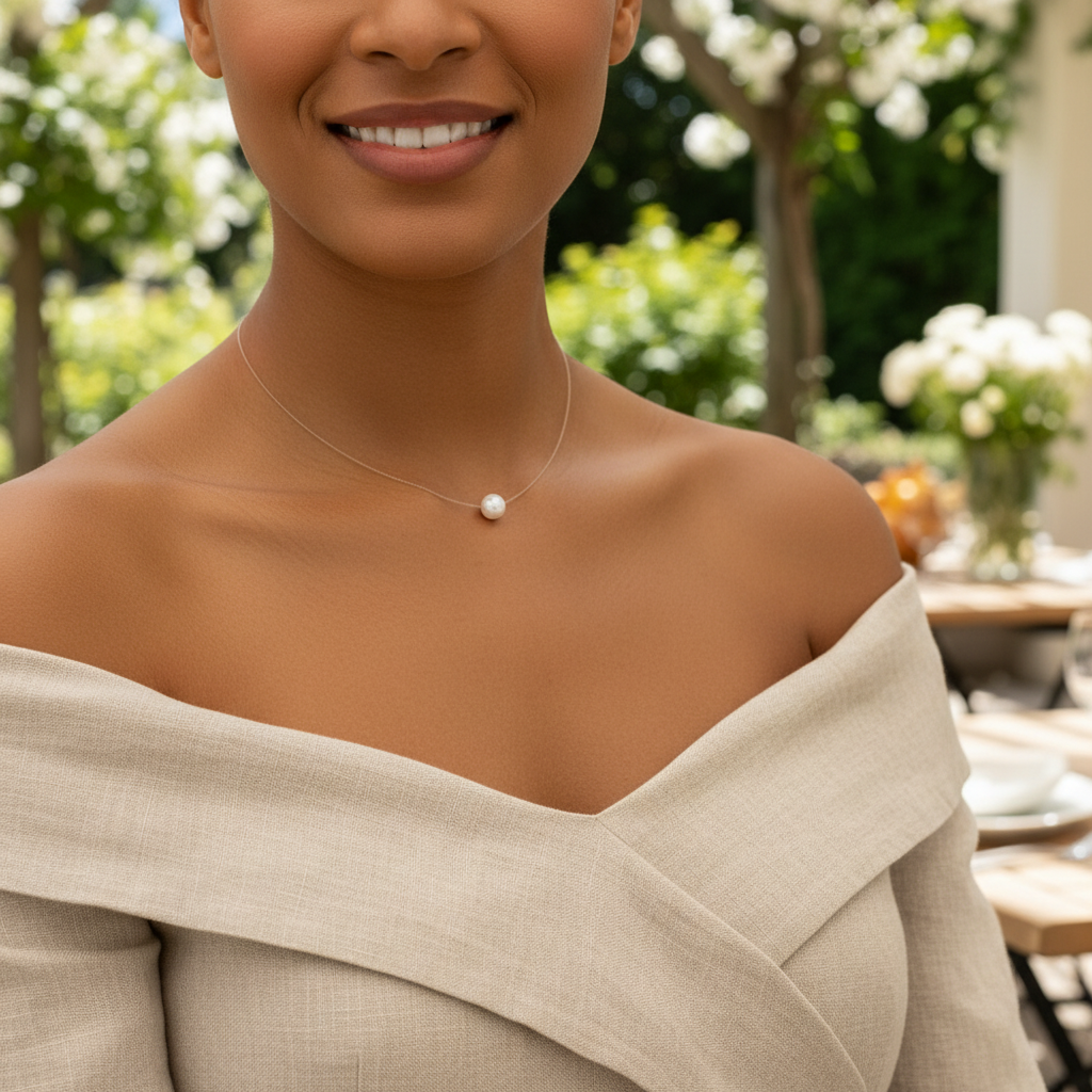 Collier perle blanche sur décolleté femme – bijou élégant argent 925 rhodié – PERLINEA