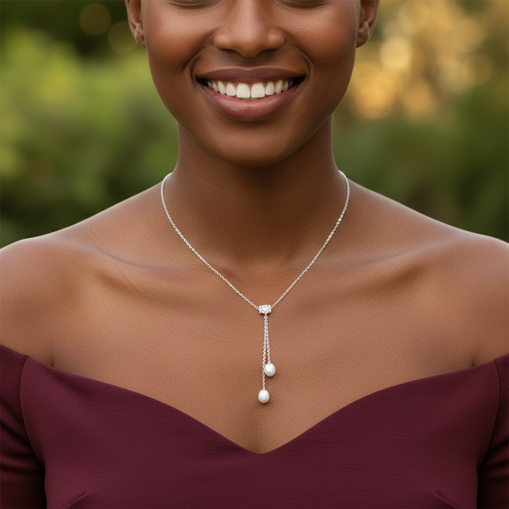 Collier PERLINEA perles de culture blanc naturel porté sur tenue habillée – argent 925 rhodié