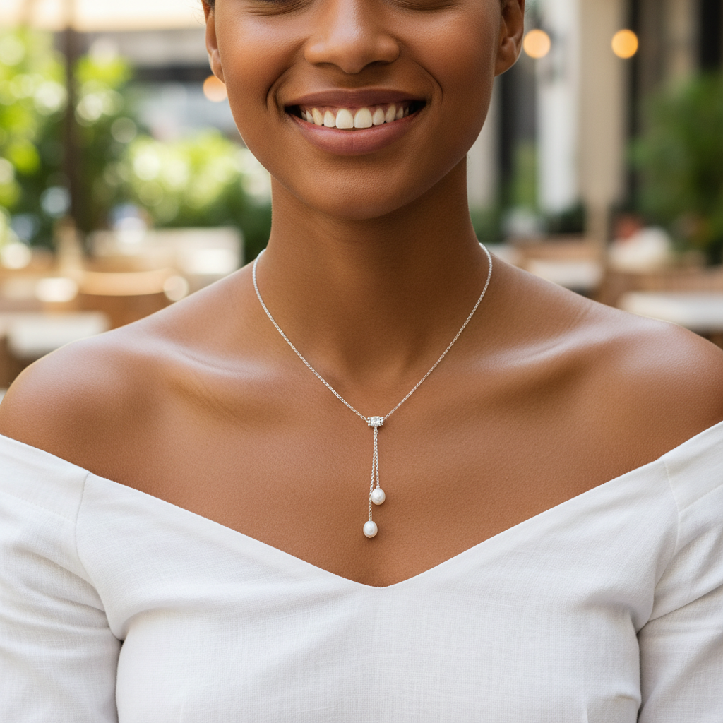 Collier PERLINEA porté – 2 perles de culture d'eau douce AAA+ – bijou femme élégant