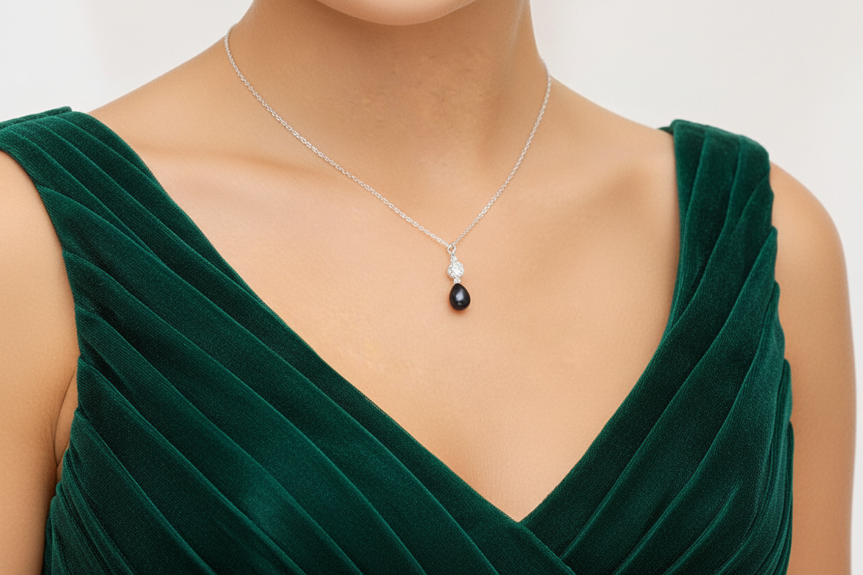 Collier perle Tahiti noire 8-9mm – vue lifestyle portée | Perlinea Kenvia