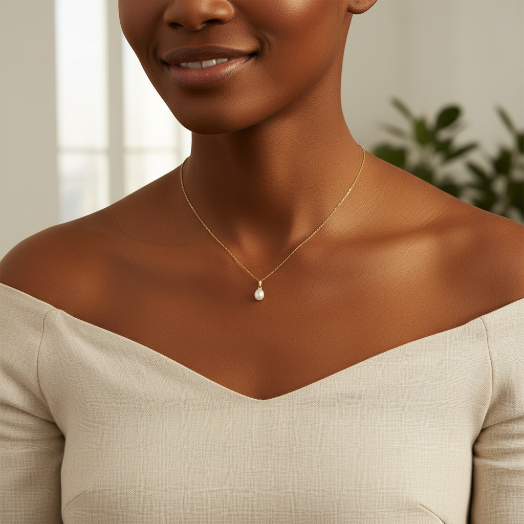 Pendentif perle blanche naturel or jaune porté sur robe élégante – Collection KENVIA
