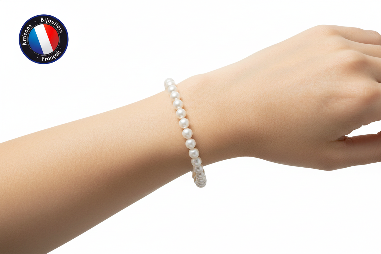 Bracelet perles blanches eau douce élastique – fond blanc | Perlinea Kenvia
