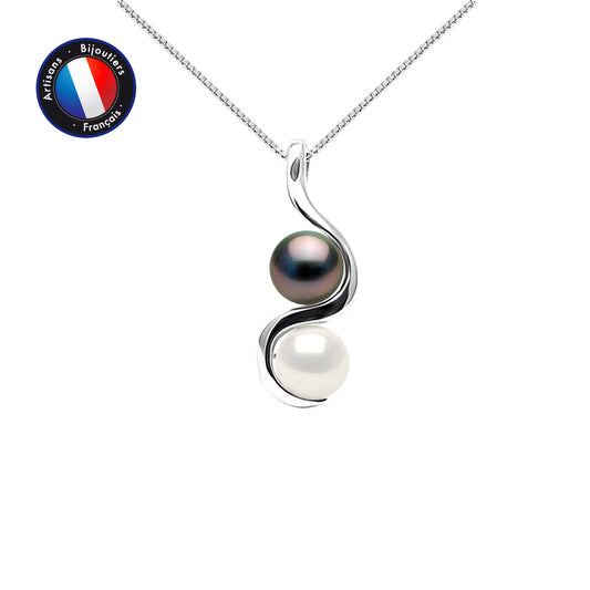 Collier perles Tahiti noires et eau douce blanches 8-9mm argent 925 – vue principale | Perlinea Kenvia