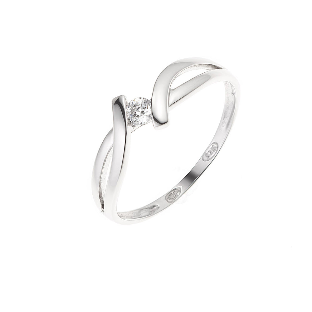 Bague jonc croisée en argent 925 rhodié avec solitaire oxyde de zirconium blanc 3mm – Kenvia