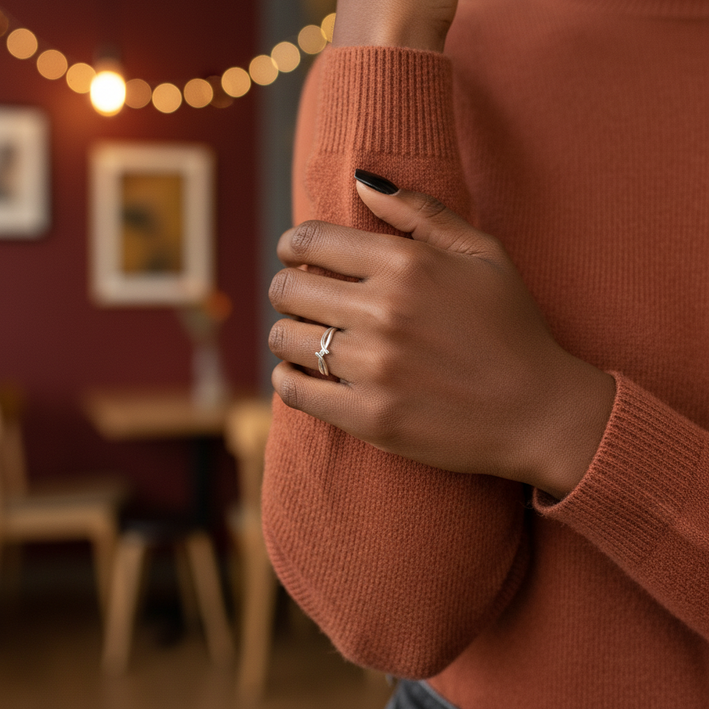 Bague jonc croisée argent rhodié avec pierre zirconium blanc portée en ambiance soirée – Kenvia