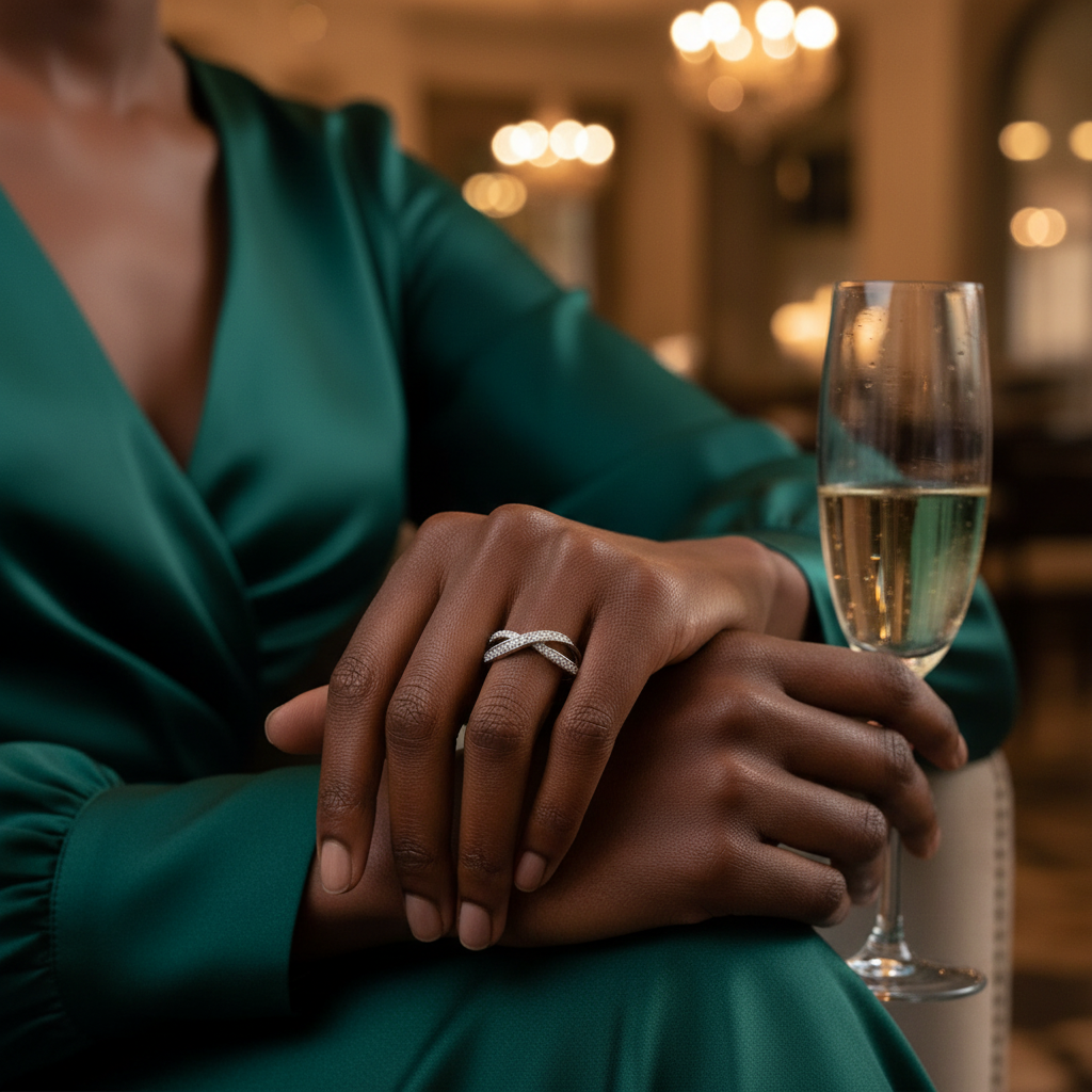 Bague demi-alliance croisée portée au doigt 1 - double rang serti zirconium - Kenvia