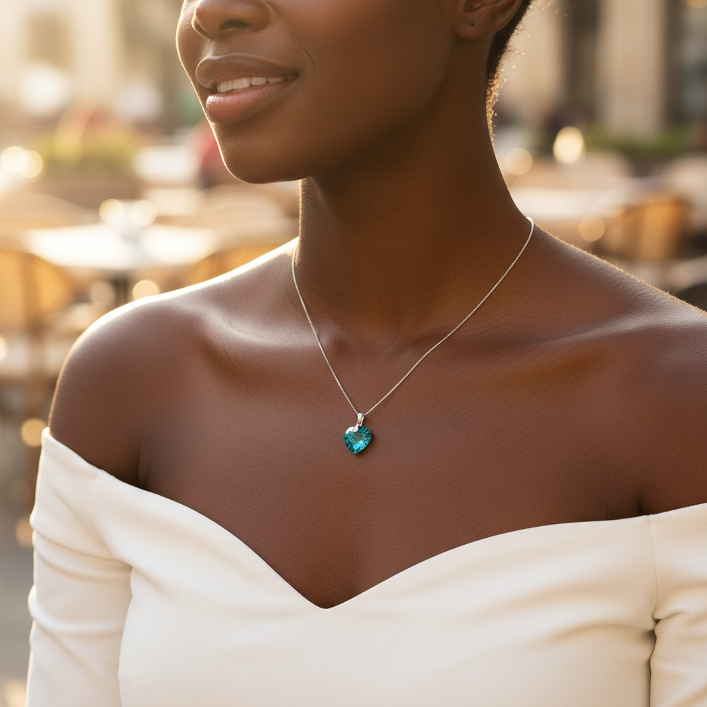 Pendentif cœur crystal bleu zirconium porté sur robe blanche, collier argent 925 – Kenvia
