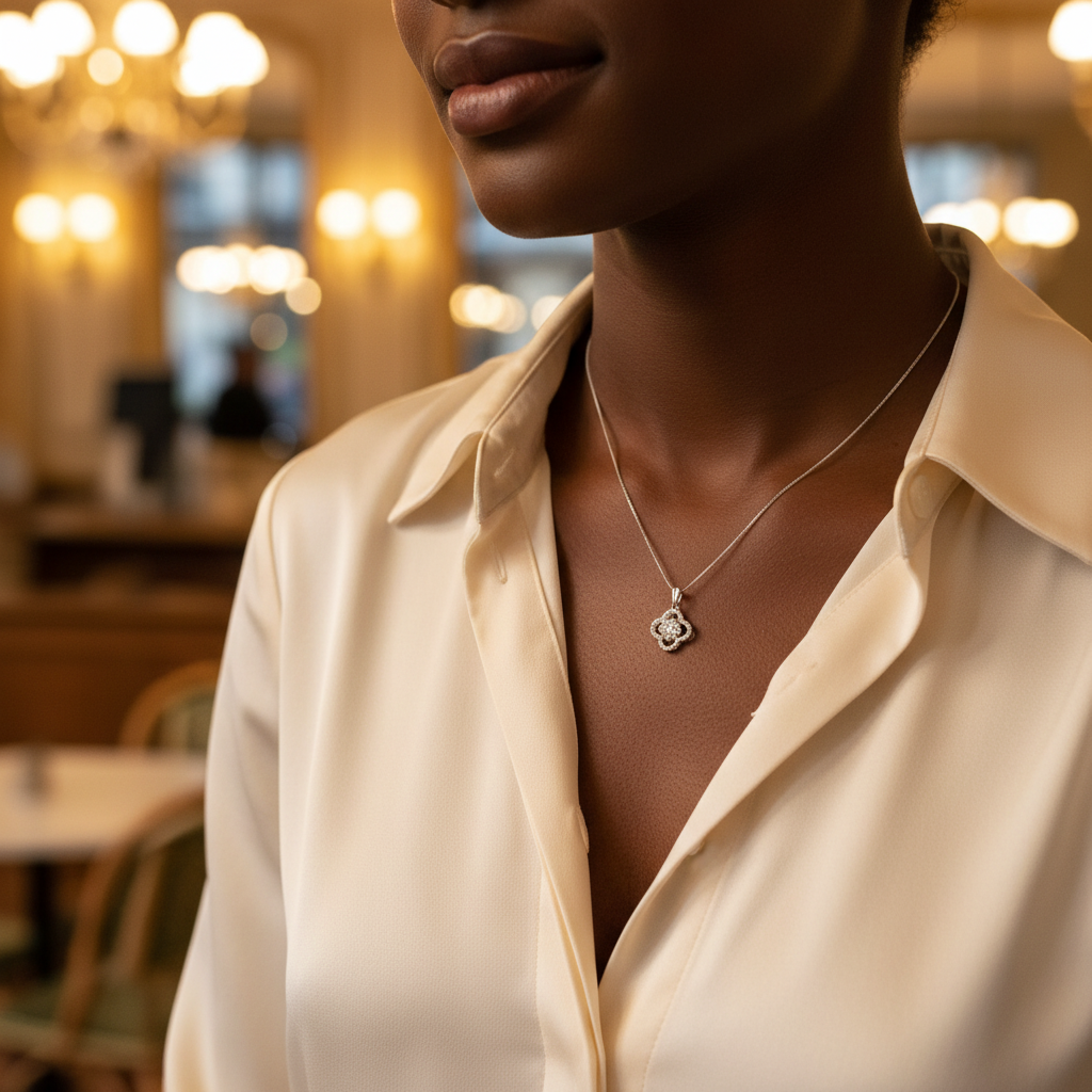 Collier pendentif trèfle zirconium porté par une femme – bijou argent 925 Kenvia