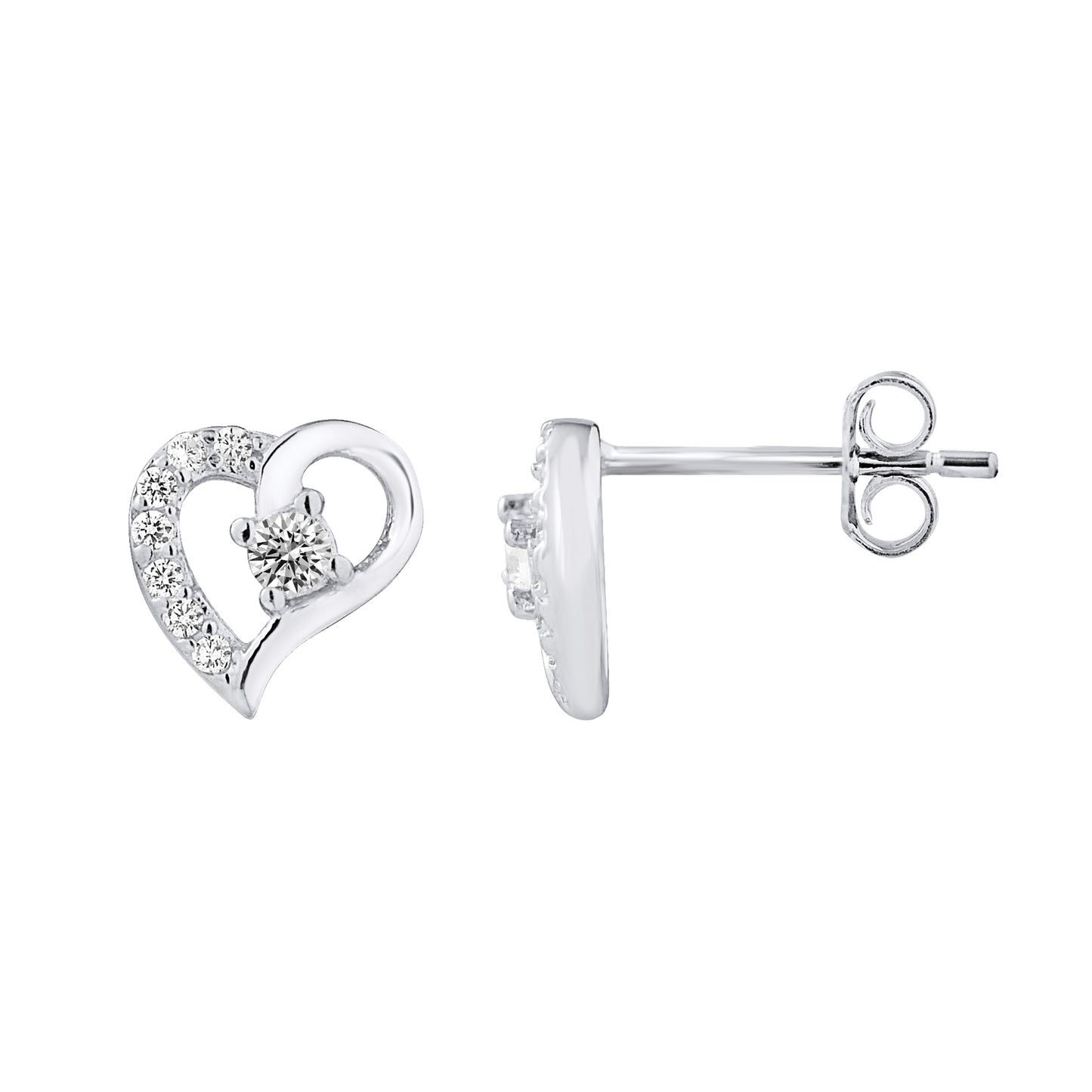 Boucles d'oreilles cœur en argent 925 et oxydes de zirconium, vue de face et de dos - Kenvia
