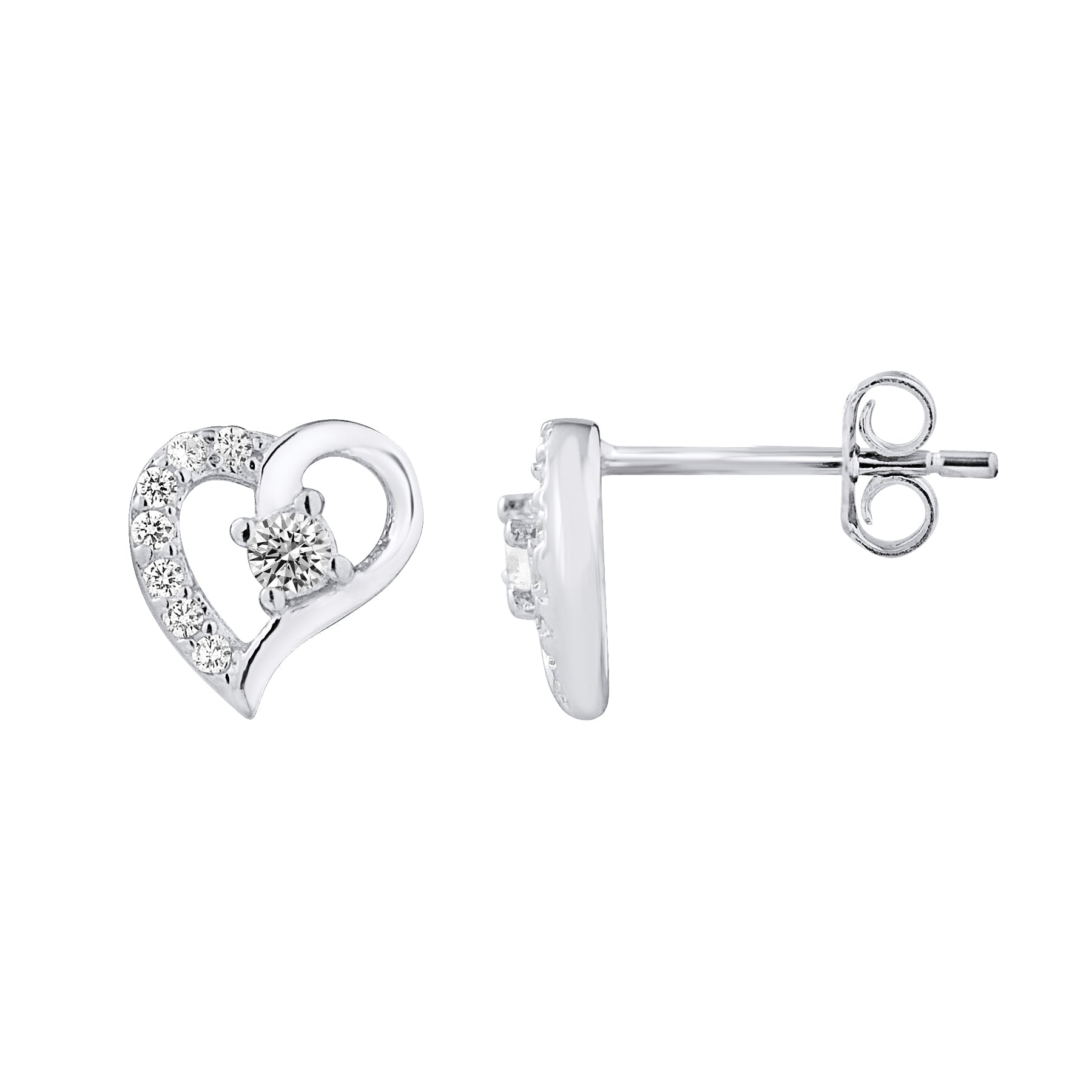 Boucles d'oreilles cœur en argent 925 et oxydes de zirconium, vue de face et de dos - Kenvia
