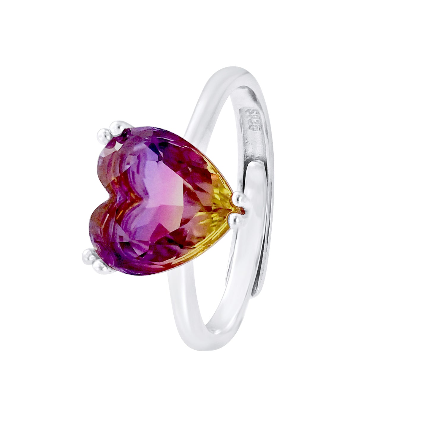 Bague cœur bicolore ajustable en argent 925 avec cristal violet et jaune – vue de face | kenvia