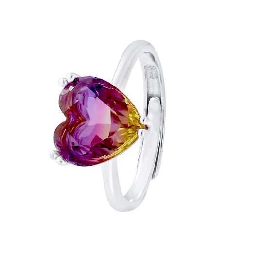 Bague cœur bicolore ajustable en argent 925 avec cristal violet et jaune – vue de face | kenvia