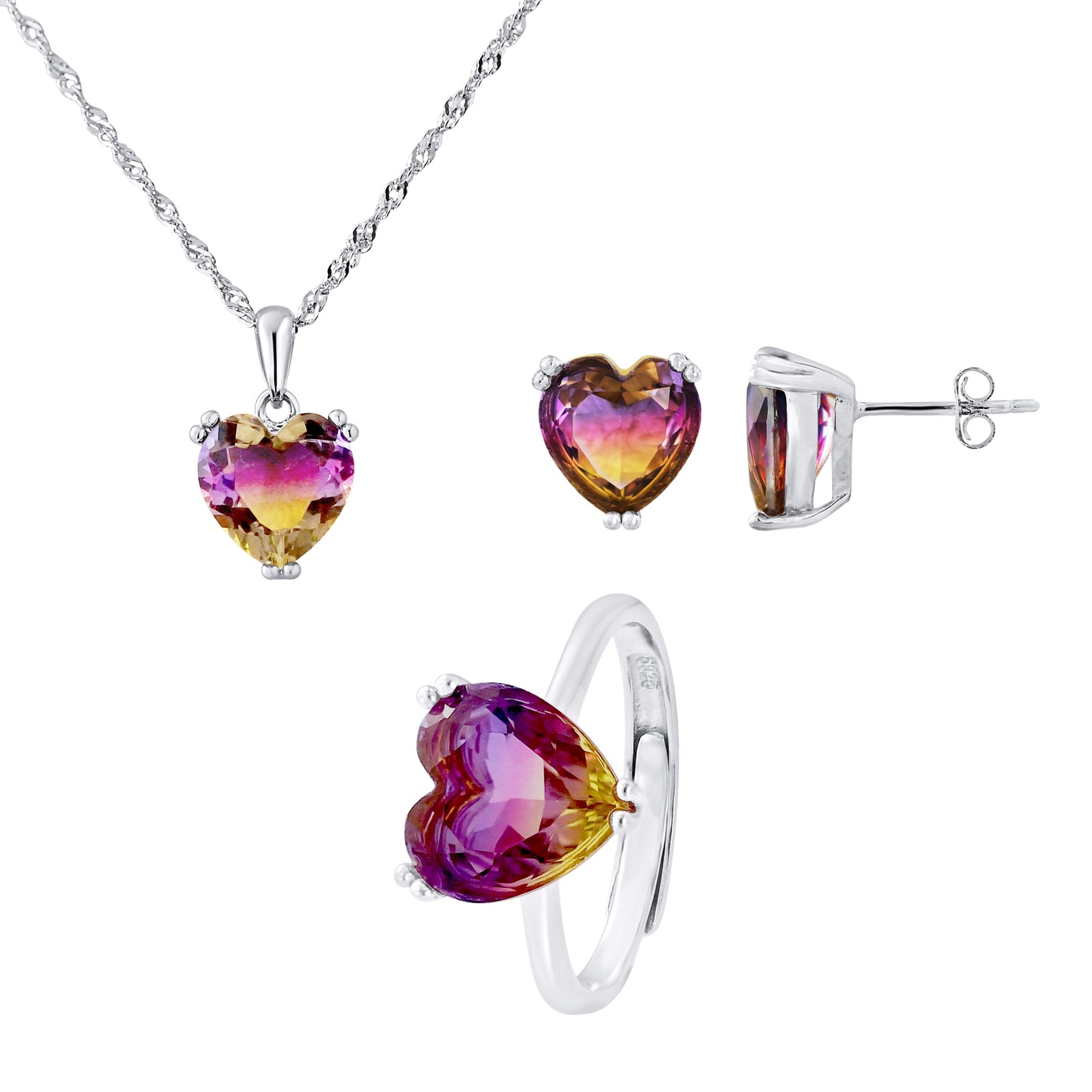 Parure bijoux cristal cœur multicolore – collier pendentif, boucles d'oreilles et bague argent – KENVIA