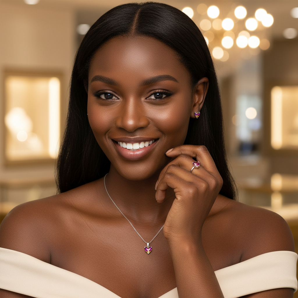 Femme portant une parure cristal cœur coloré – bijou fantaisie femme – KENVIA