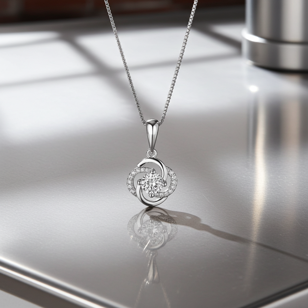 Collier pendentif fleur en argent 925 et zirconium – vue lifestyle sur fond argenté