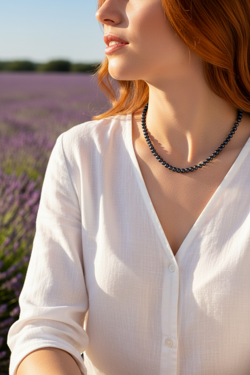 Collier perles semi-rondes Tahiti noires 6-7mm argent 925 – vue 2 | Perlinea Kenvia