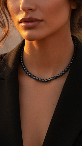 Collier perles semi-rondes Black Tahiti – vue 3 argent 925 | Perlinea Kenvia