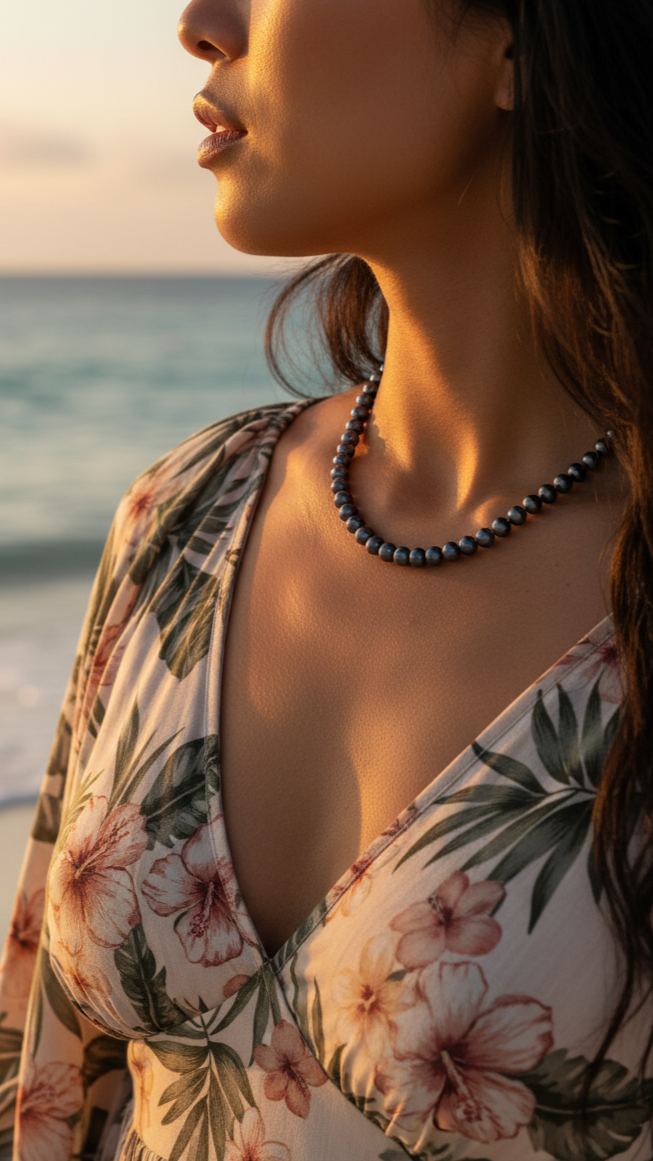 Collier perles semi-rondes Black Tahiti 6-7mm – vue 5 | Perlinea Kenvia