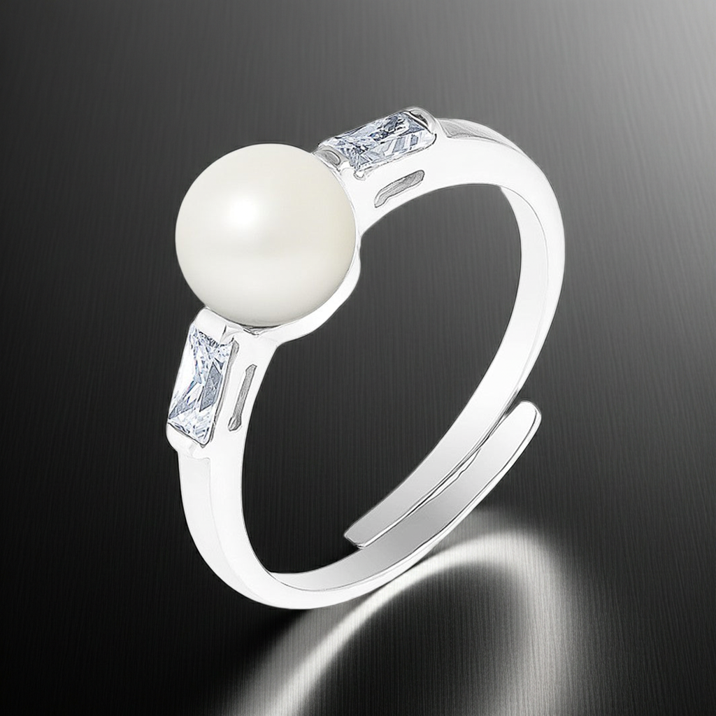 Bague perle eau douce blanche 6-7mm argent 925 réglable – détail zirconiums baguette | KENVIA
