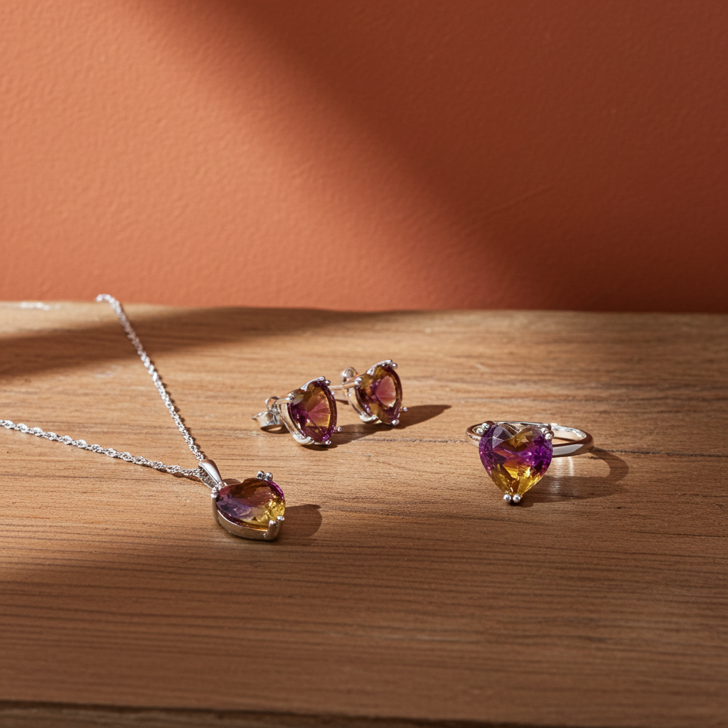 Bijoux cristal cœur coloré sur fond terracotta – parure femme tendance – KENVIA