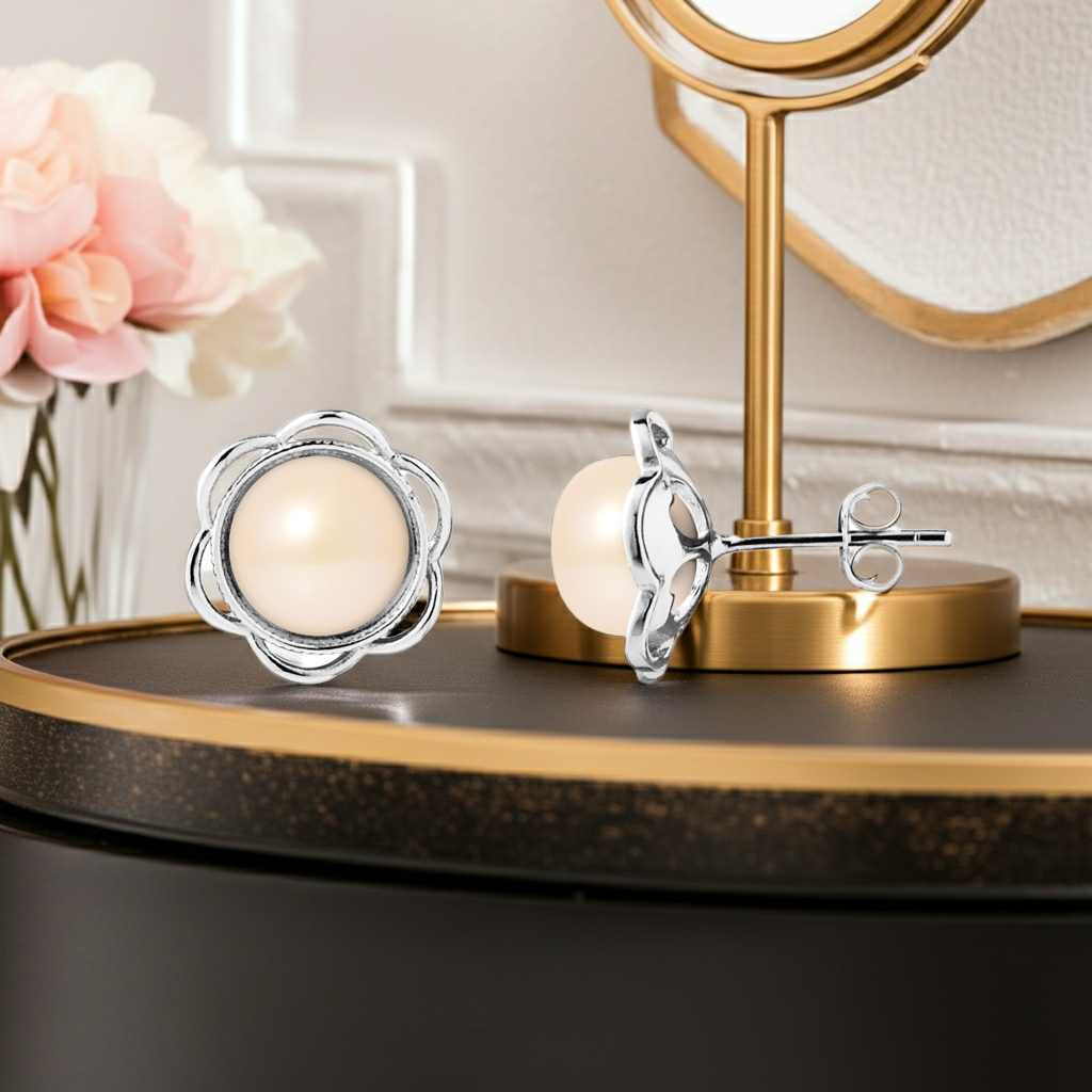 Boucles d'oreilles perles roses eau douce Perlinea – vue présentoir 2 argent 925