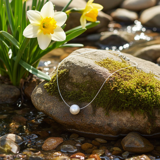 Collier perle de culture d'eau douce blanc naturel sur galet mousse – PERLINEA