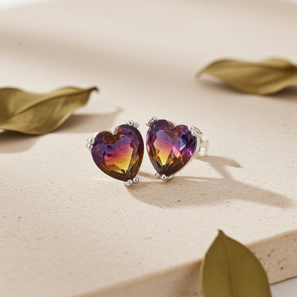 Boucles d'oreilles cœur crystal violet et jaune argent 925 posées sur feuilles - Kenvia