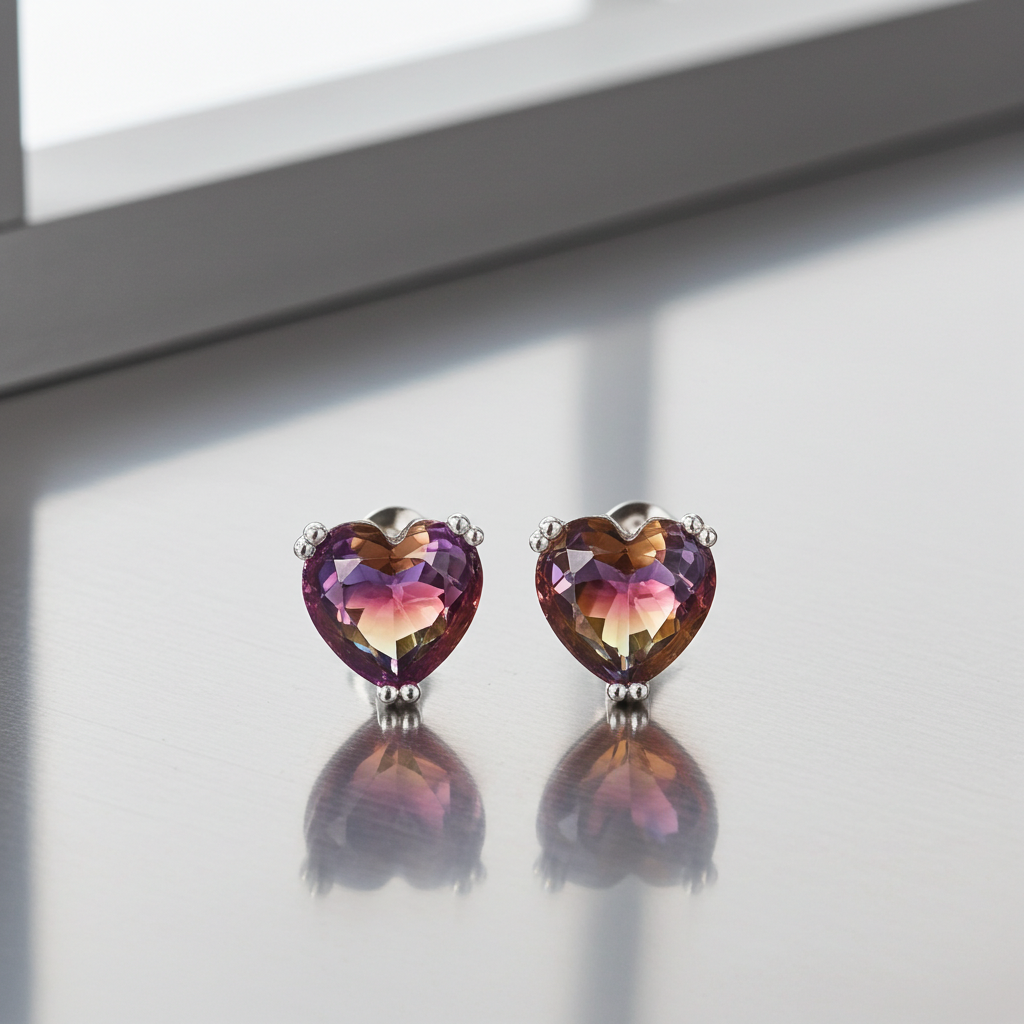 Détail boucles d'oreilles cœur bicolore crystal violet et jaune - argent 925 sterling - Kenvia