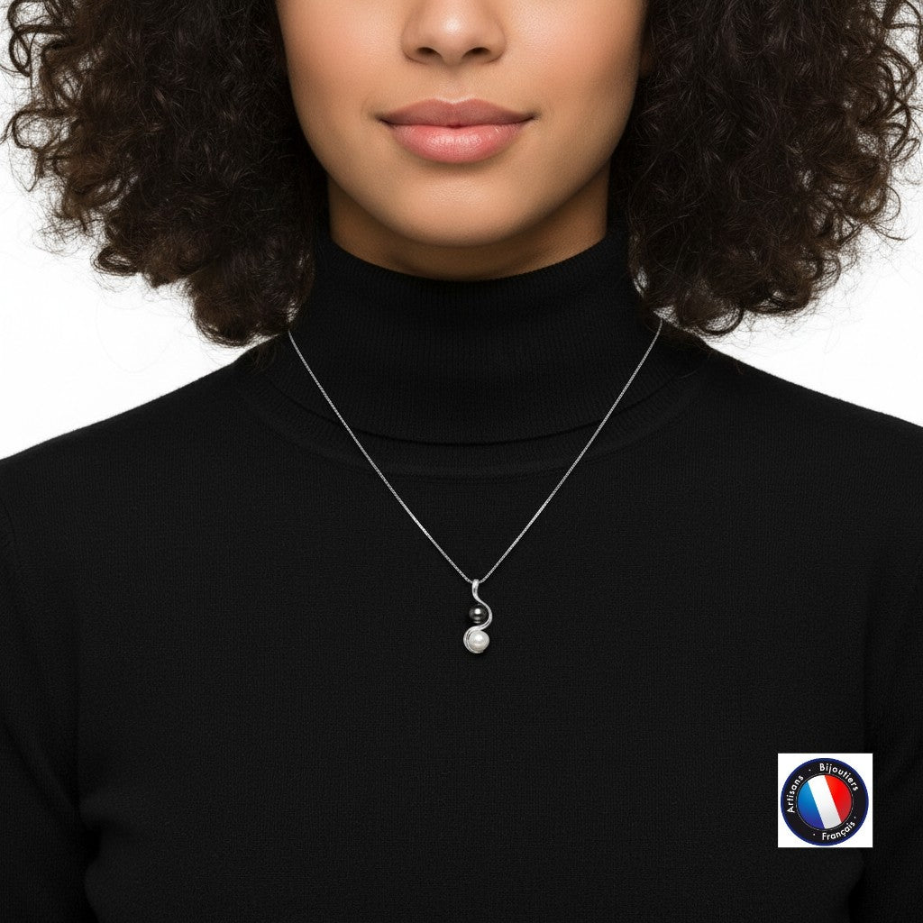 Collier perles bicolore blanc-noir 8-9mm – vue 4 argent 925 | Perlinea Kenvia