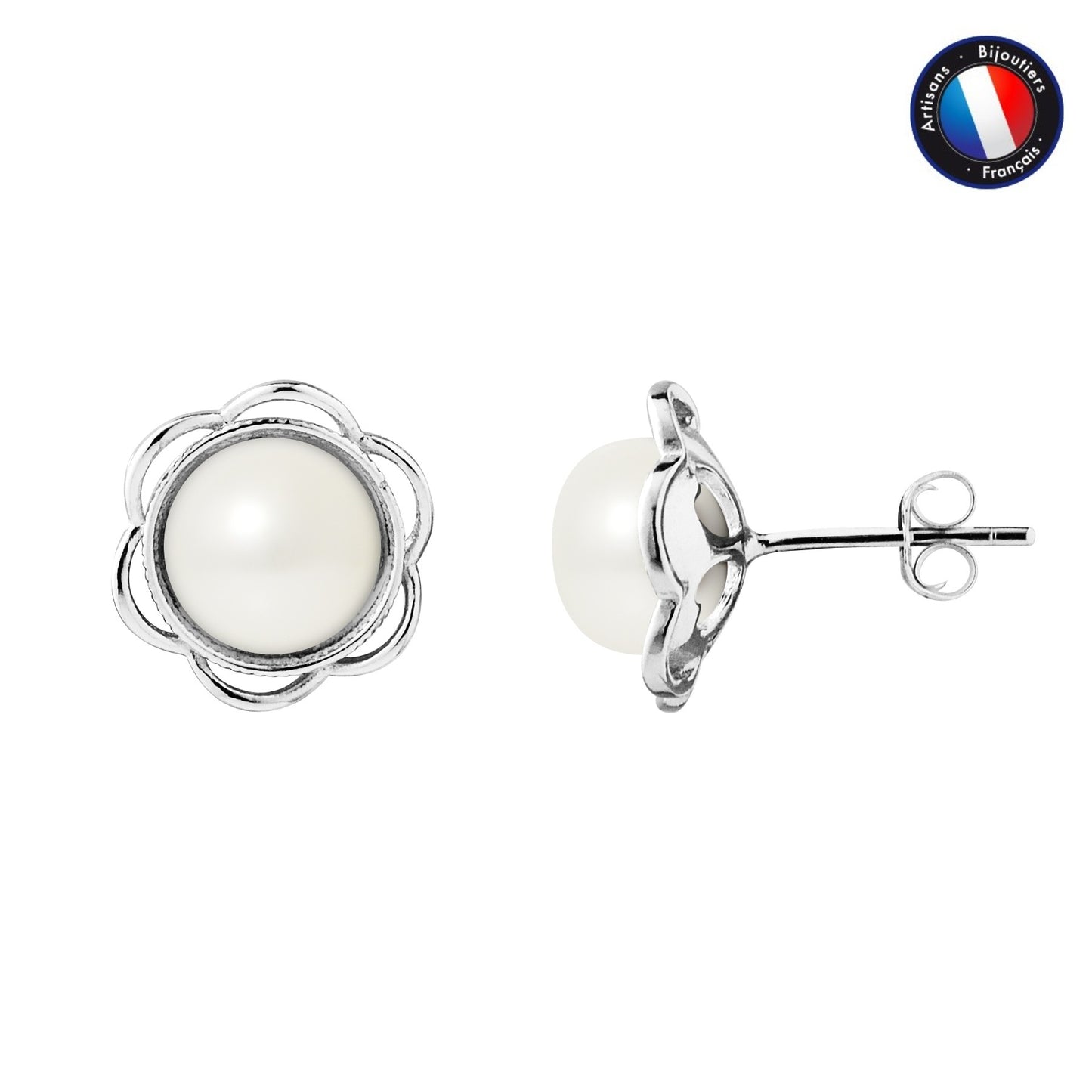 Boucles d'oreilles fleur perles blanches 8-9mm argent 925 – vue principale | Perlinea Kenvia