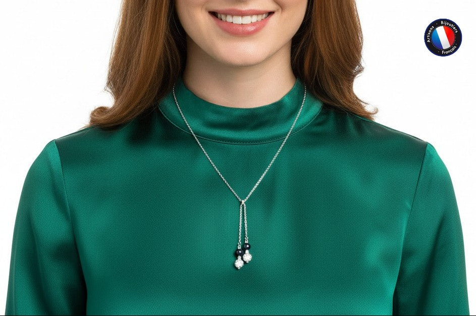 Collier DUO perles Black Tahiti 5-6mm – vue détail argent 925 | Perlinea kenvia