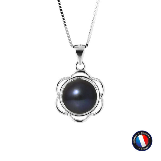 Collier fleur perle de culture noire Tahiti bouton 8-9mm argent 925 – vue principale | Perlinea Kenvia