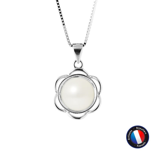 Collier fleur perle de culture blanche bouton 8-9mm argent 925 – vue principale | Perlinea Kenvia
