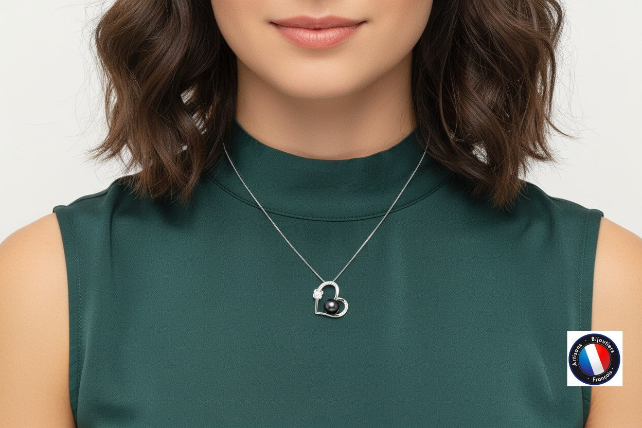 Collier Love perle Black Tahiti 9-10mm – vue 3 bijou femme | Perlinea Kenvia