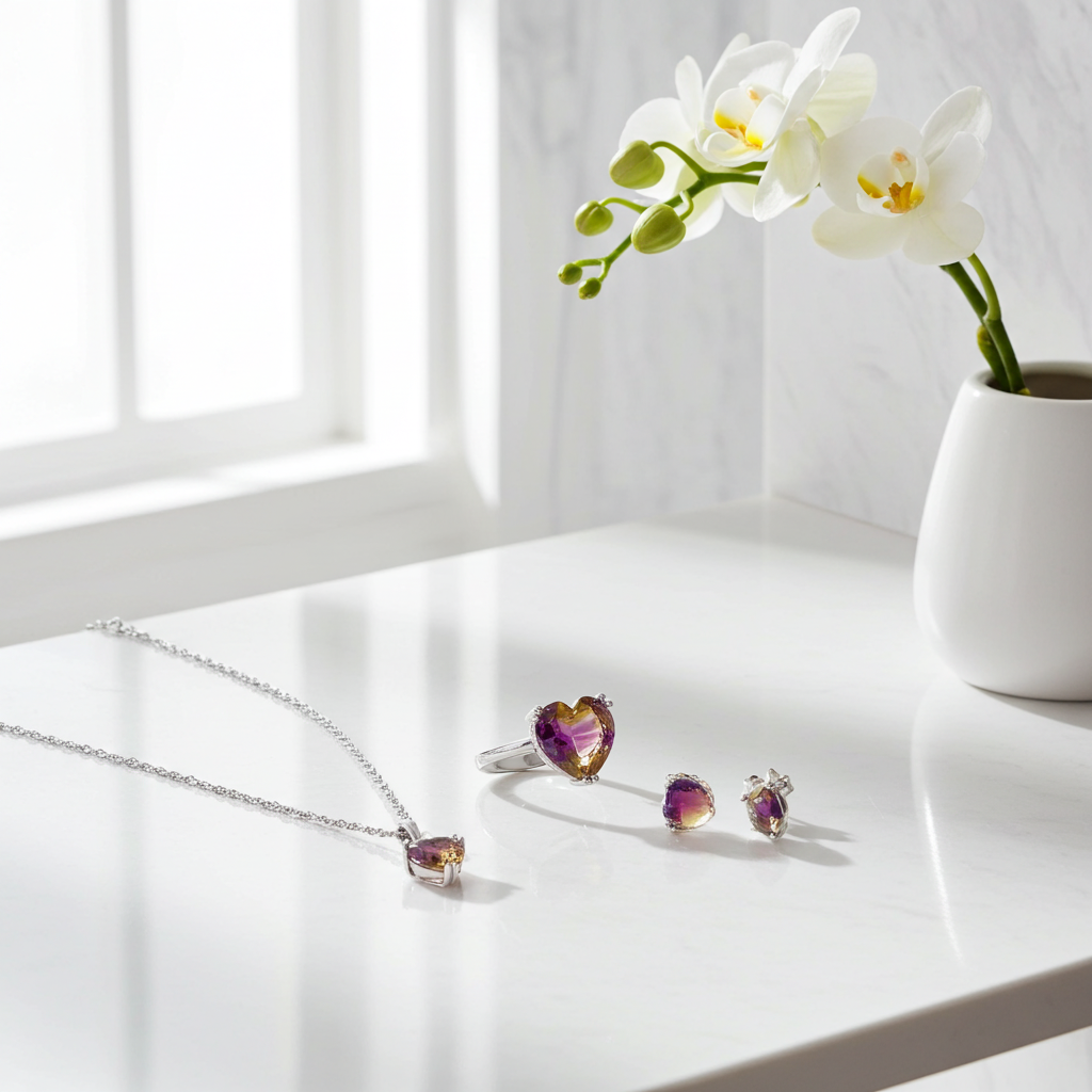 Parure cristal cœur multicolore posée sur fond blanc épuré – collier et boucles d'oreilles – KENVIA