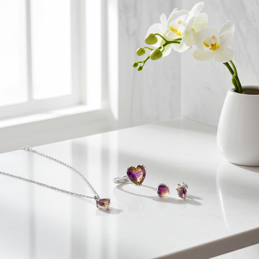 Parure cristal cœur multicolore posée sur fond blanc épuré – collier et boucles d'oreilles – KENVIA