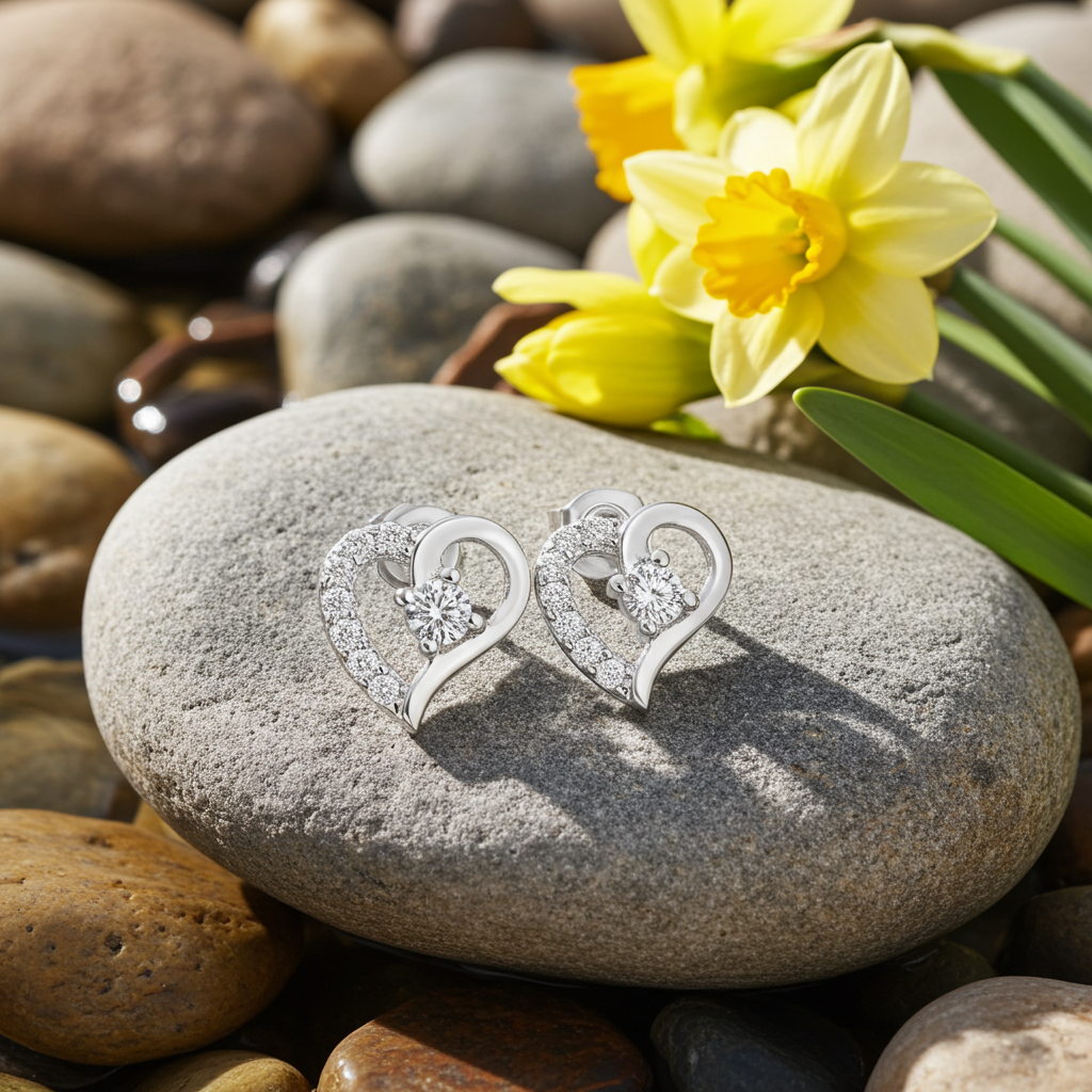 Boucles d'oreilles cœur argent 925 posées sur galets naturels - collection Beloved by Kenvia
