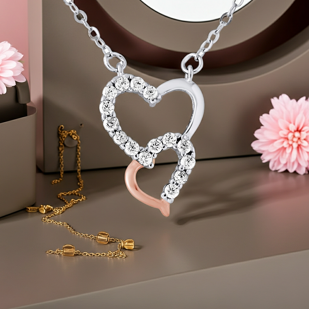 Collier Double Cœur en argent 925 plaqué or rose avec oxydes de zirconium – vue principale | kenvia