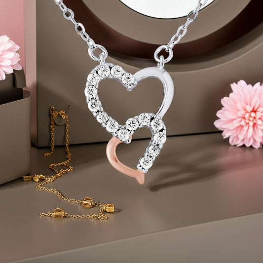 Collier Double Cœur en argent 925 plaqué or rose avec oxydes de zirconium – vue principale | kenvia