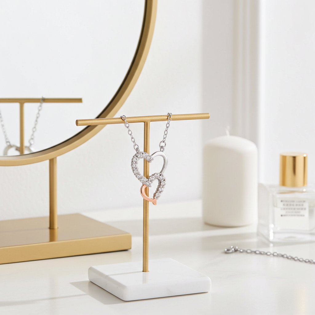 Collier double cœur serti d'oxydes de zirconium sur collier plaqué or rose - vue sur presentoir | kenvia