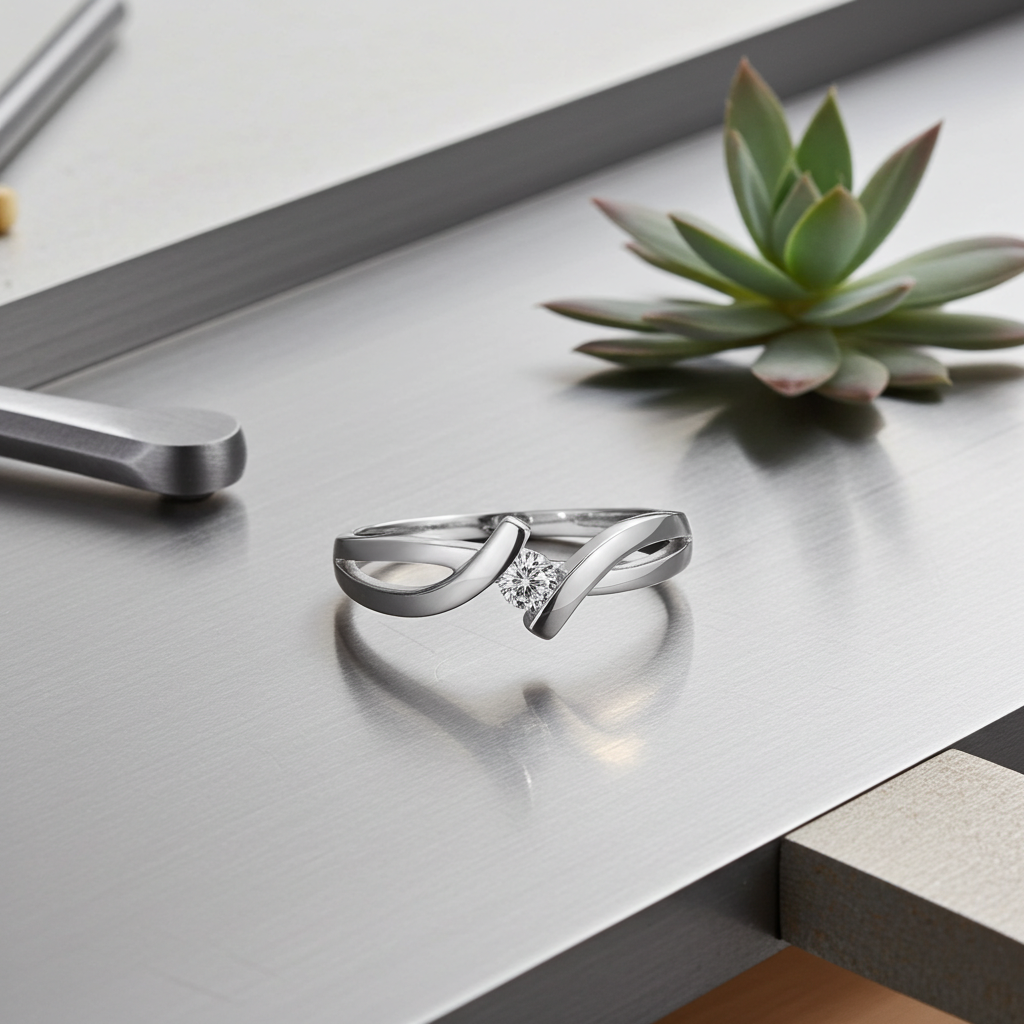 Bague jonc solitaire argent 925 rhodié posée sur table – oxyde de zirconium blanc 3mm Kenvia